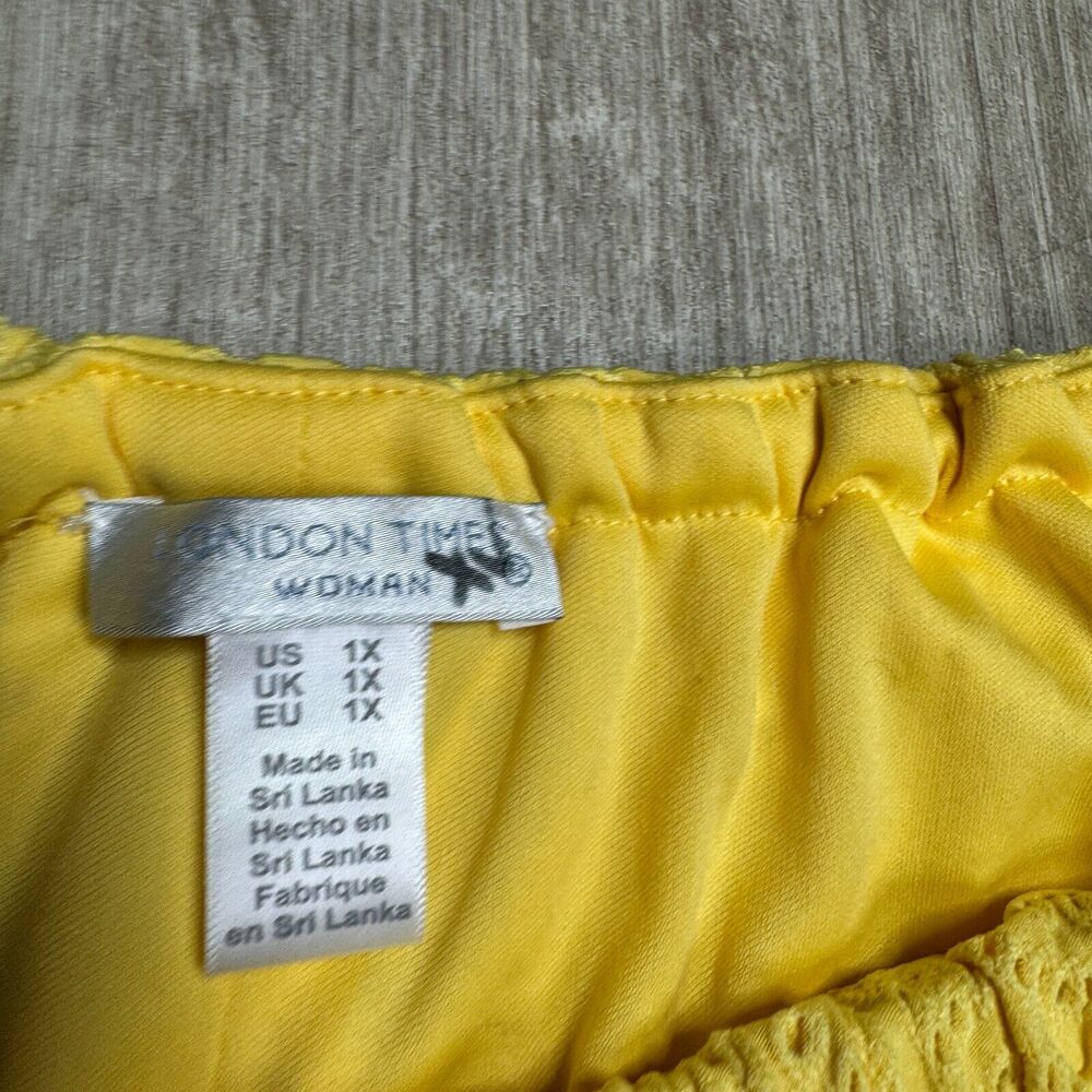 London Times Womens Yellow Crochet Knit Dress NEW 1X Lined Boat Neck Midi Ruffle - Picture 3 of 9